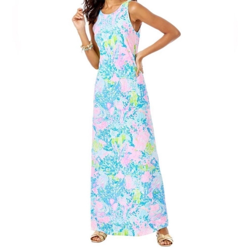 Lilly Pulitzer Pink and Blue Sleeveless Maxi Sundress , size L